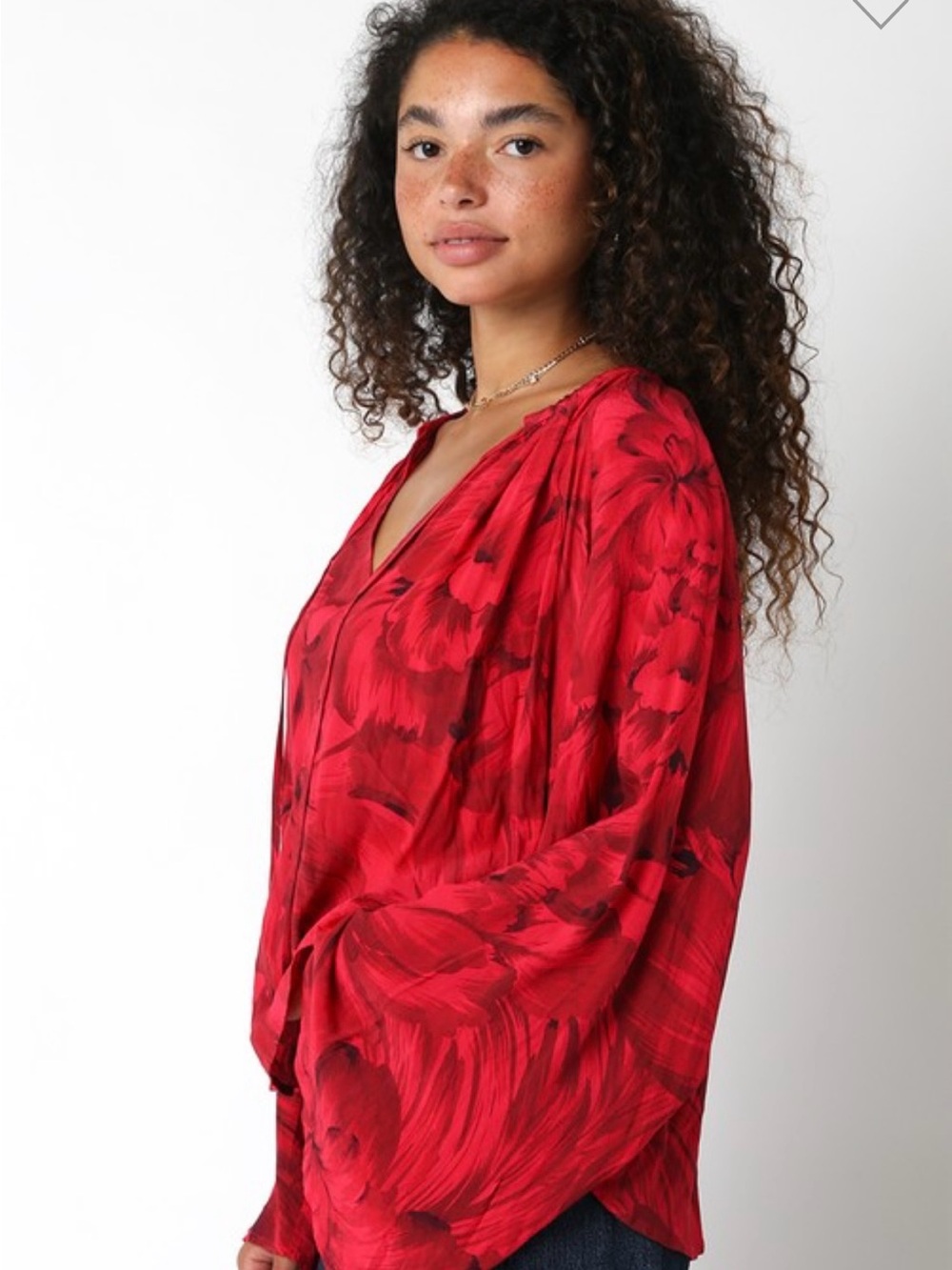 Olivaceous Red Floral V-Neck Blouse | Flowy Boutique Top | Boho - Picture 5 of 5